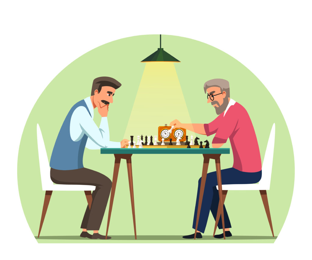 Men playing chess on board with clock
